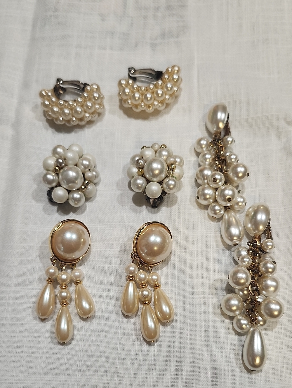 Vintage Pearl Cluster Drop Clip On Earring, 4 Sets- Cream Pearls